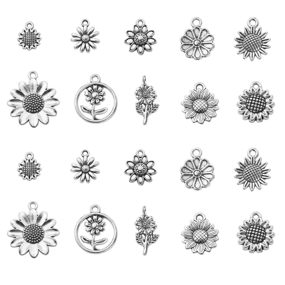 2438 100pcs 10 Styles Tibetan Flower Charms Mixed Floral Sunflower Antique